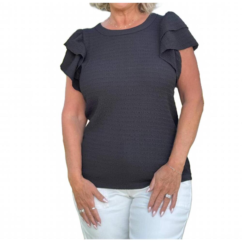 NEW SOUTHERN GRACE fluttering ruffle sleeves top in black
